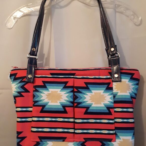 New Southwestern geometric Pink Turquoise Cowgirl Double Handle Satchel Bag Boh - Picture 2 of 10